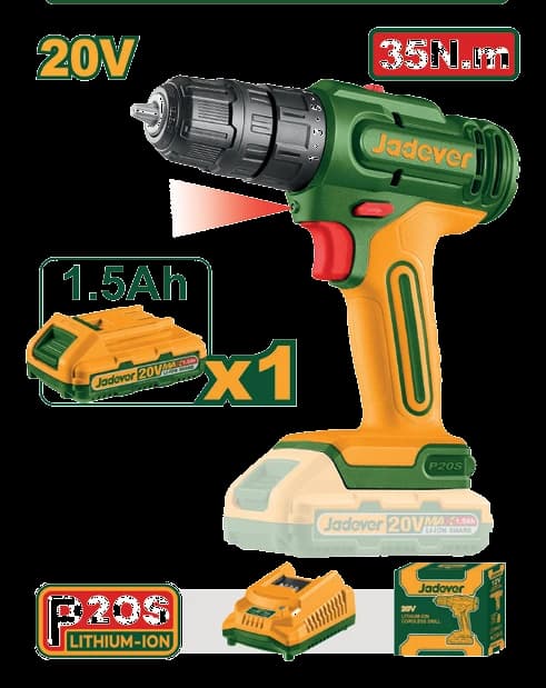 Set Taladro 20V + Bat 1.5A + Cargador 1500rpm 35Nm - JADEVER