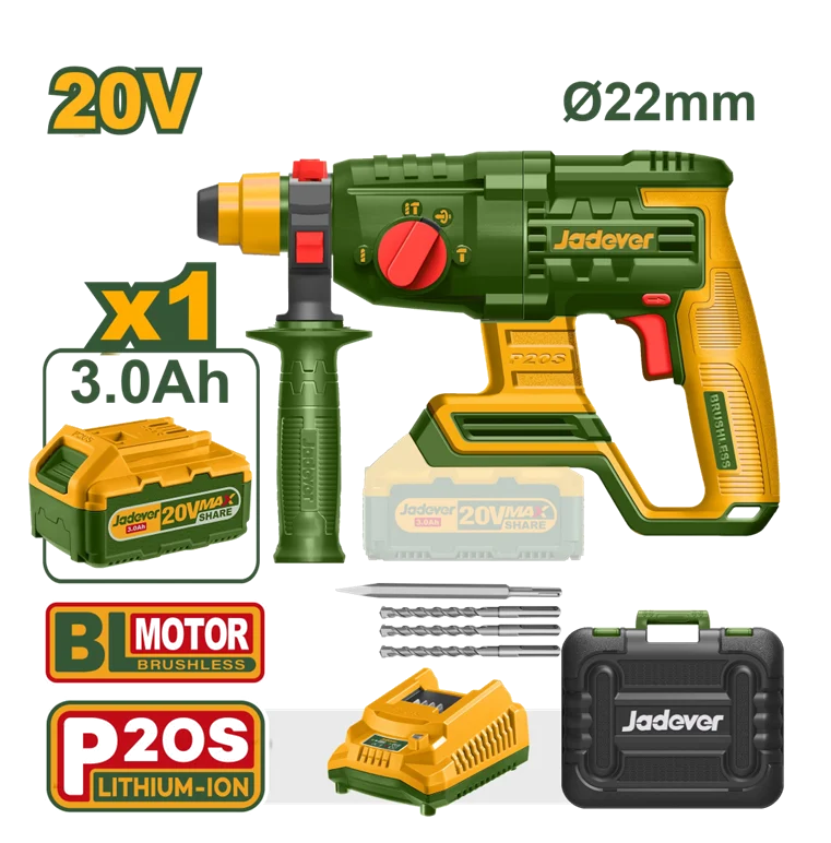 Kit Rotomartillo Brushless 20V SDS + 1 Bat 3A + Cargador + Maletin + 4 puntas - JADEVER